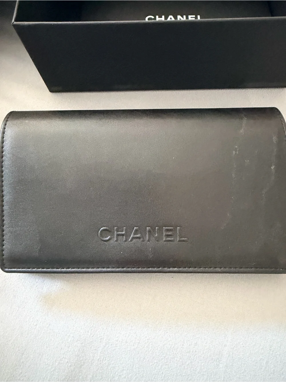 CHANEL calf skin sunglasses cash with Embossed Logo and a box